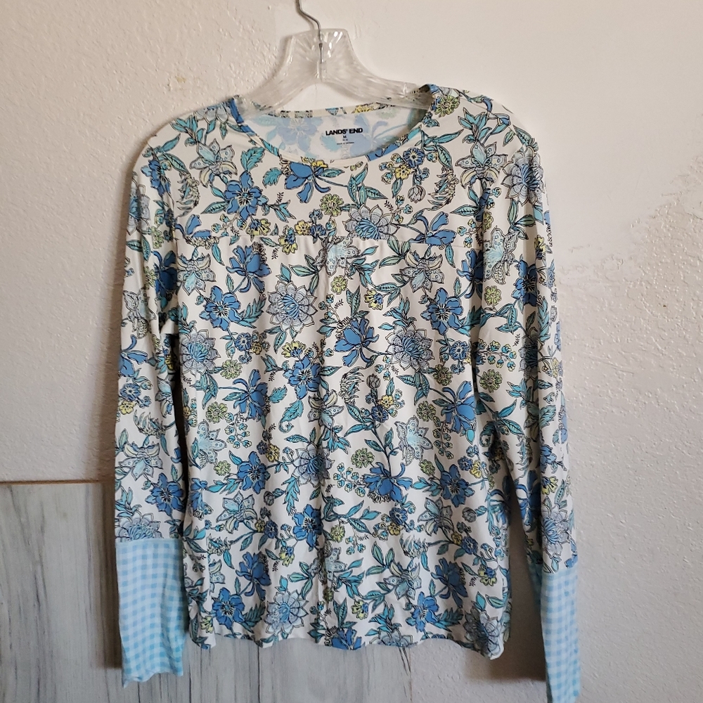 Lands' End Blue Floral Gingham Long Sleeve Nylon Pullover Women's Med Rash Guard